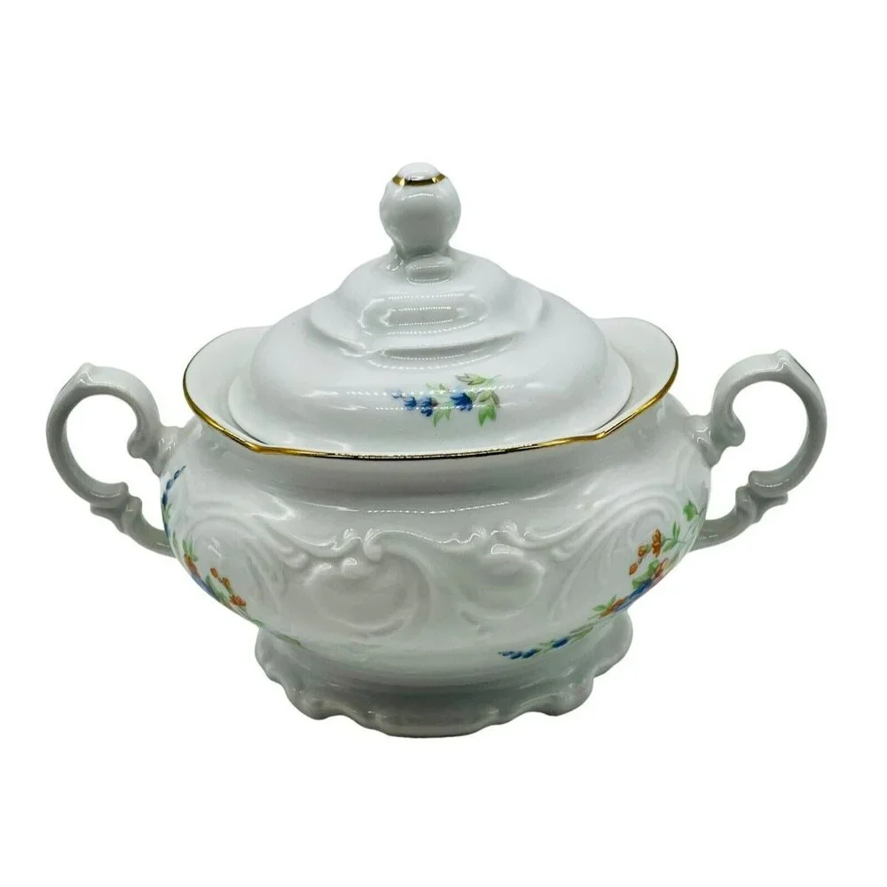 Wawel China Rose Garden Sugar‎ Bowl with Lid Poland Embossed Gold Gilt 5 inch